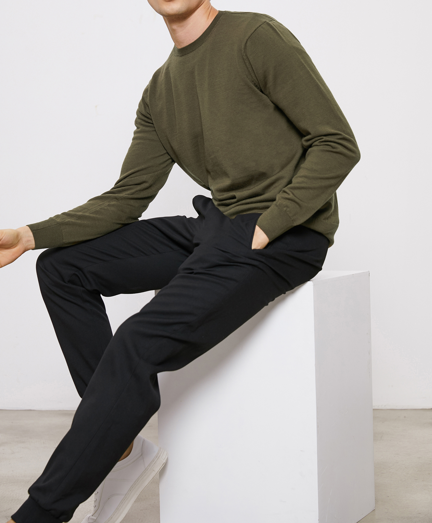 THESSNCE siêu mịn Merino toàn len cơ sở vòng cổ áo len đáy nam quần thể dục