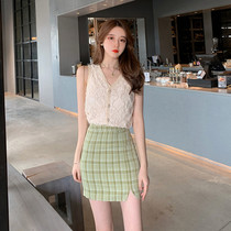 Female flavor high cold Imperial sister Ya wind avocado green net red two-piece set 2019 new thin foreign style goddess