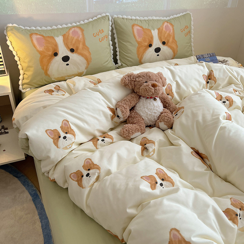 Moonlight Bus Corgi Puppy Duvet Cover Set, 100% Cotton, 1.8m Four-Piece Set, Pure Cotton, 1.8m Piece Set, Student Dormitory Bed Sheets