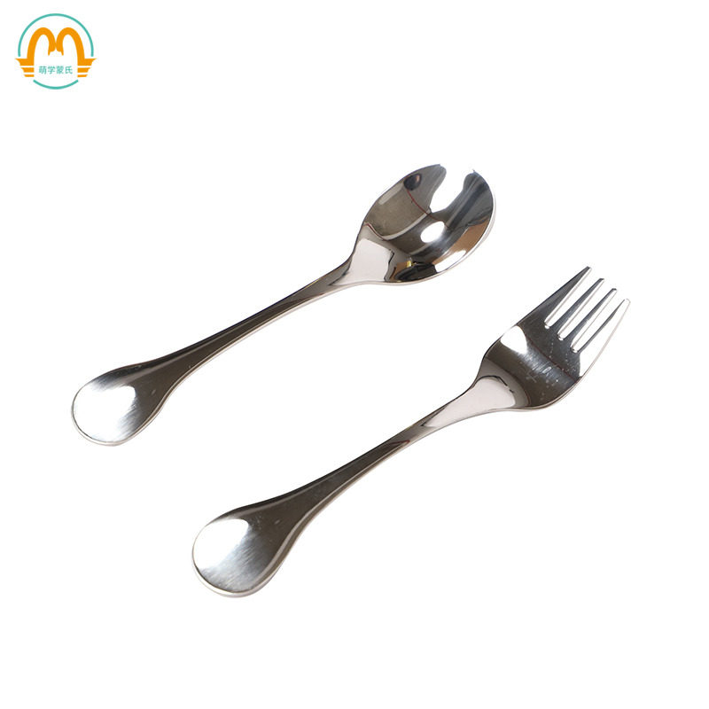Meng's children's spoon fork suit ton head short to eat 304 stainless steel for mini children's cutlery