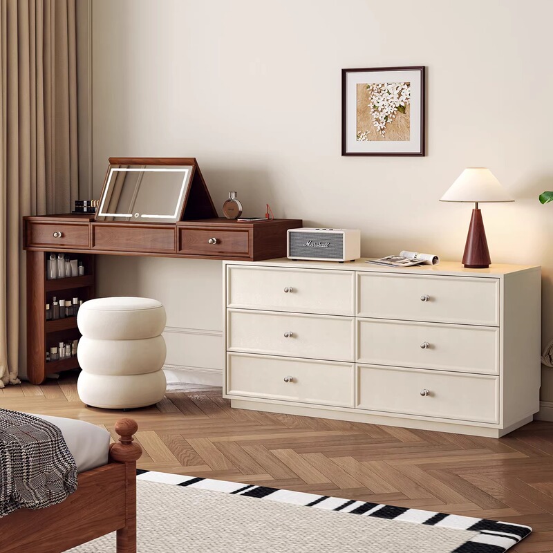 Cream-Colored Vintage-Style Dressing Table and Chest of Drawers Integrated Bedroom Bedside Cabinet Storage Cabinet with Retractable Flip-Top Makeup Table New Model