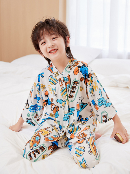 Summer Thin Cotton Silk Pajamas for Children, Three-Quarter Sleeve Home Wear Set, Simple Style for Baby Boys and Girls, Suitable for Older Children — 4