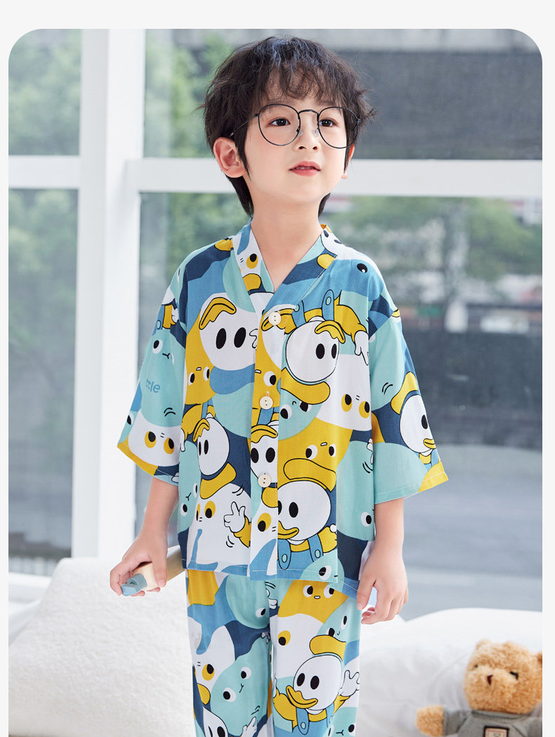 Summer Thin Cotton Silk Pajamas for Children, Three-Quarter Sleeve Home Wear Set, Simple Style for Baby Boys and Girls, Suitable for Older Children — 11