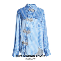 Niche design sense retro modern wind buckle shirt 2020 early autumn Chinese style blue vertical stripe top women