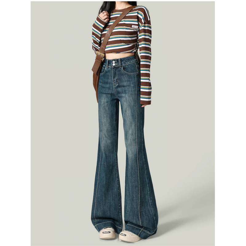 High-Waisted Double-Button Stretchy Flared Jeans for Women with Side Seam Double Stitching for a Slimming Effect