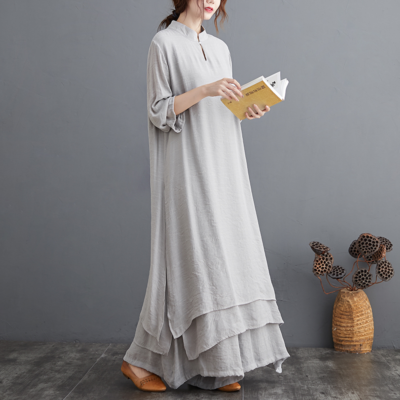 Cotton and Linen Chinese-Style Retro Tea Dress for Women, Spring and Summer Fairy-Like Zen Dance Dress, White Yoga Tai Chi Dress Two-Piece Set