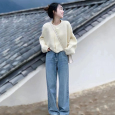 古风首服 软糯风柔软舒适毛衣女软奶系2022初秋新款宽松短款圆领针织开衫