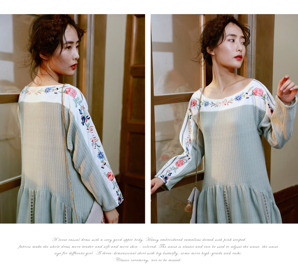 Mặt nghệ thuật, mùa thu và mùa đông sản phẩm mới, vịt trứng màu xanh, đan thêu, lỏng lười biếng, nữ áo len váy, ăn mặc váy cho người béo