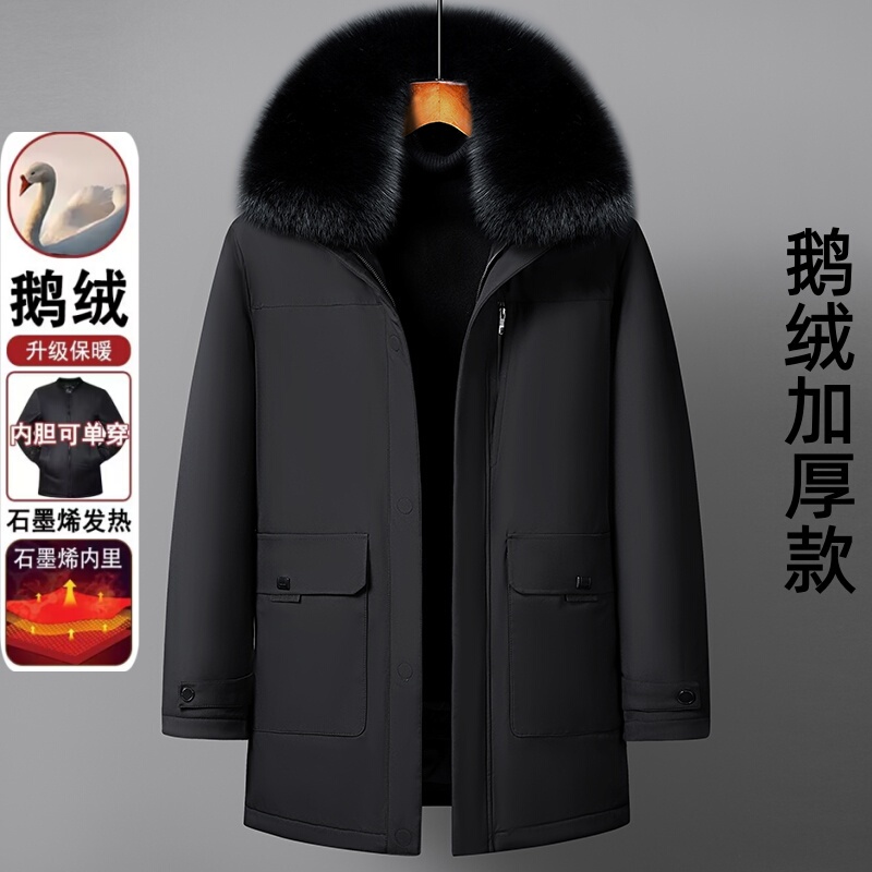 Men's Goose down Jacket for Middle-Aged and Elderly Men, Thickened with Removable Liner and Fur Collar, Mid-Length Style, Winter Coat for Dad