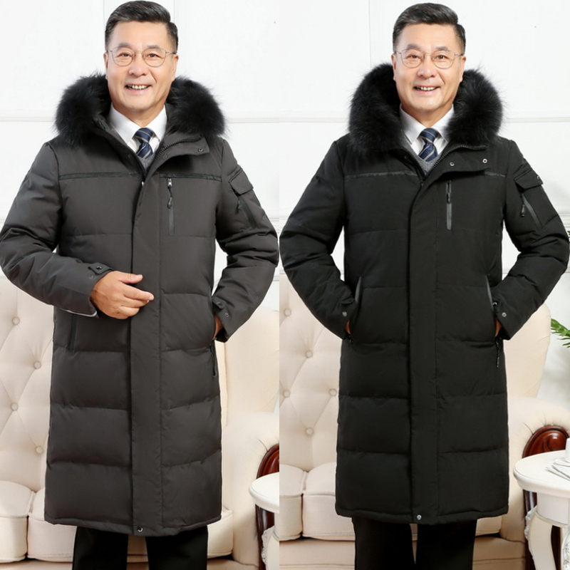 Men's down Jacket for Winter, Knee-Length, Large Size, White Duck Down, Thickened, Warm Cotton Coat, Dad's Jacket