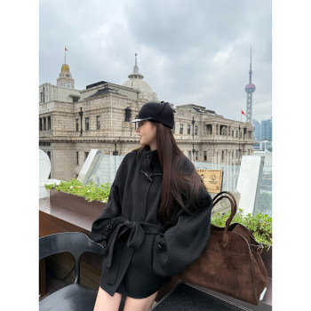 首尔气质小姐姐慵懒腔调100%全羊毛牛角扣系腰带双面羊绒外套