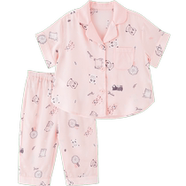 Yings childrens pajamas spring and summer boys home clothes set thin girls Tencel two-piece set summer baby summer clothes