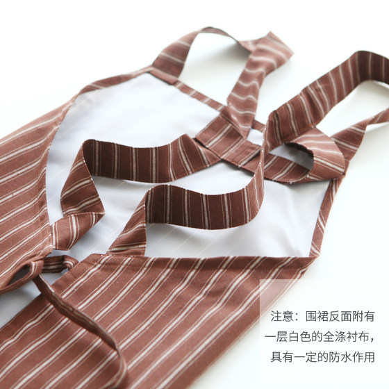8623简约麻棉条纹双层防水厨房背带围裙男女工作服反穿衣罩衣围腰