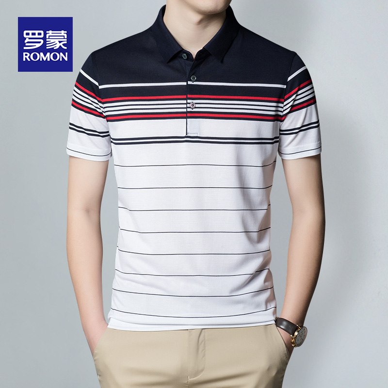 Romon Men's t-shirt slim mulberry silk high-end short-sleeved business half-sleeve fashion youth casual Polo shirt Men's clothing
