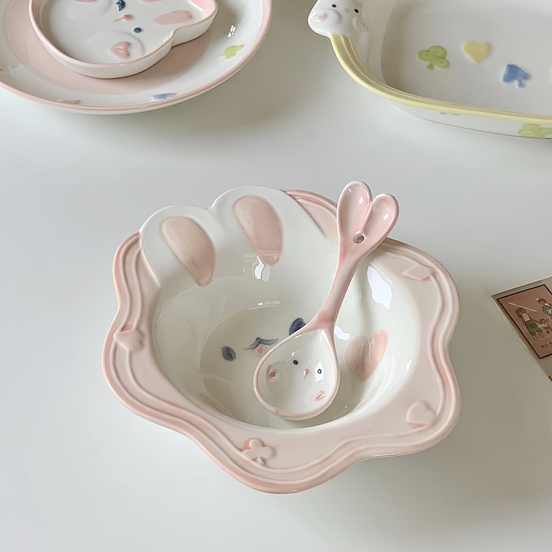 Cute Pink Bobo Rabbit Ceramic Creative Underglaze Tableware Breakfast Ceramic Yogurt Bowl Shaped Plate