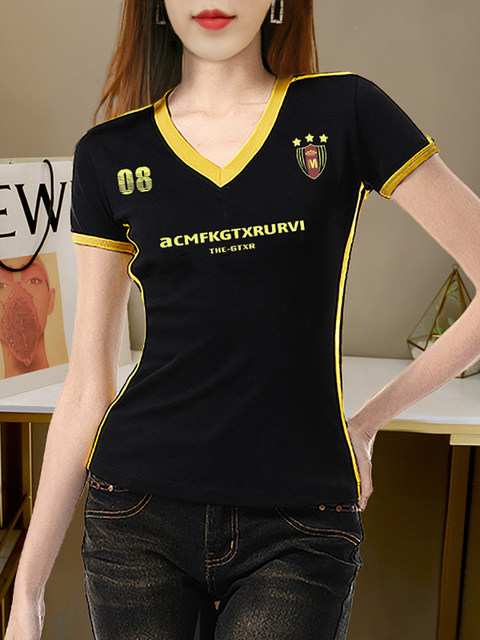 2026 New Retro Hot Girl V-Neck Color-Blocking Printed Short-Sleeve T-Shirt for Women, Summer Sports Slim-Fit Trendy Top