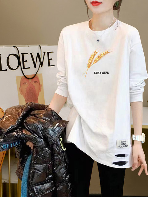 White T-Shirt, Mid-Length Top, Loose Fit, Slimming, Women's Spring and Autumn 2026 New Style, Distressed Design, Printed Long Sleeves ins