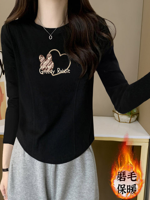 Right shoulder white thickened brushed warm waisted long-sleeved T-shirt women's short style inner round neck printed age-reducing bottoming shirt