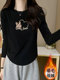 Right shoulder white thickened brushed warm waisted long-sleeved T-shirt women's short style inner round neck printed age-reducing bottoming shirt