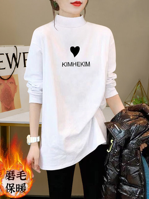 Trendy White Half-High Collar Base Shirt Top for Autumn and Winter, Pure Cotton Brushed Thickened Mid-Length Slimming Long-Sleeve T-Shirt for Women