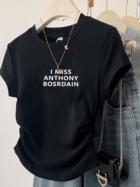 Summer White New Style Printed Letter Short-Sleeved Pleated Top Asymmetrical Curved Hem Slimming Look T-Shirt for Women