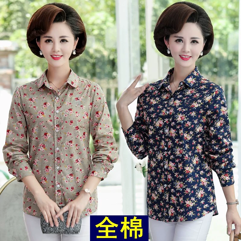 . Áo sơ mi nữ trung niên mùa thu cotton dài tay áo mẹ mới áo cotton áo sơ mi hoa mỏng - Áo sơ mi