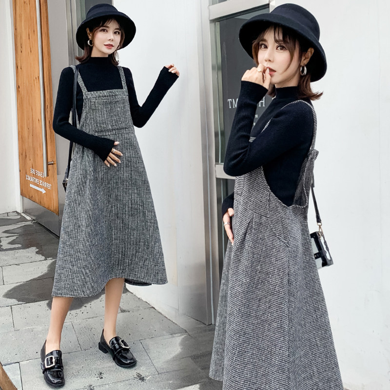 Pregnant woman Libra dress Autumn dress 2023 new suit autumn and winter medium long braces skirt boomer fur coat two sets-Taobao