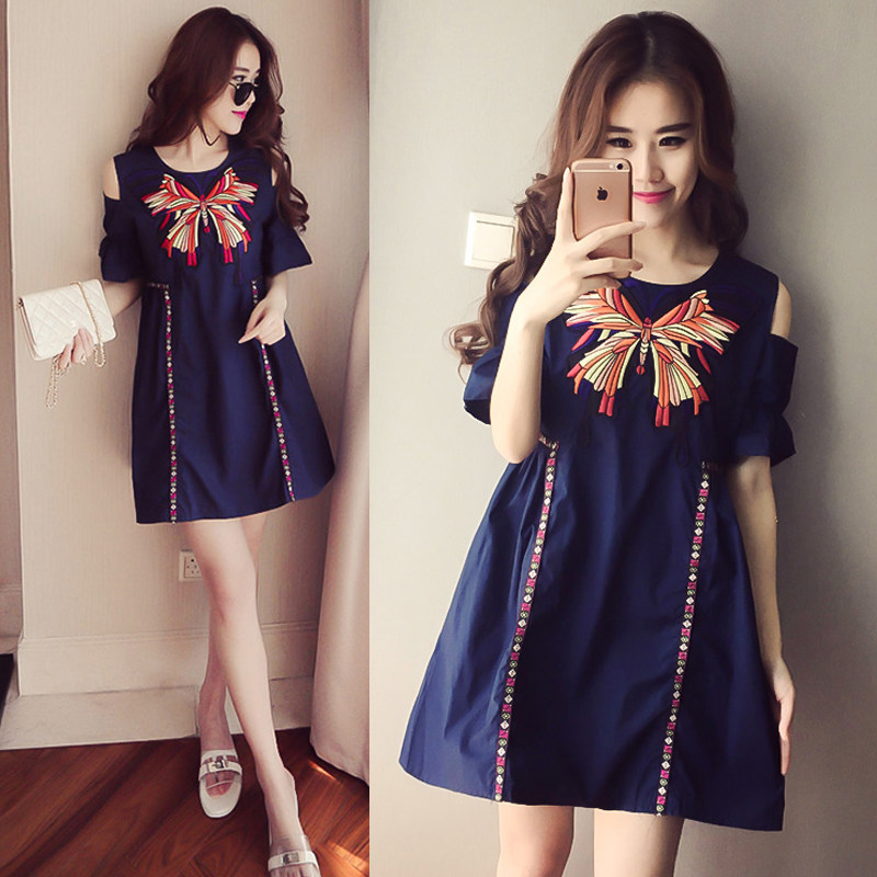 Maternity dress summer dress 2023 new off-the-shoulder embroidery butterfly slim retro ethnic style pregnant woman dress summer