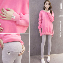 Pregnant womens autumn suit fashion model 2021 new winter wear autumn and winter out plus velvet thickened tide mother two-piece set