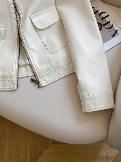 小C家 米白色pu皮短款机车服皮衣女2025春季新款复古潮流夹克外套