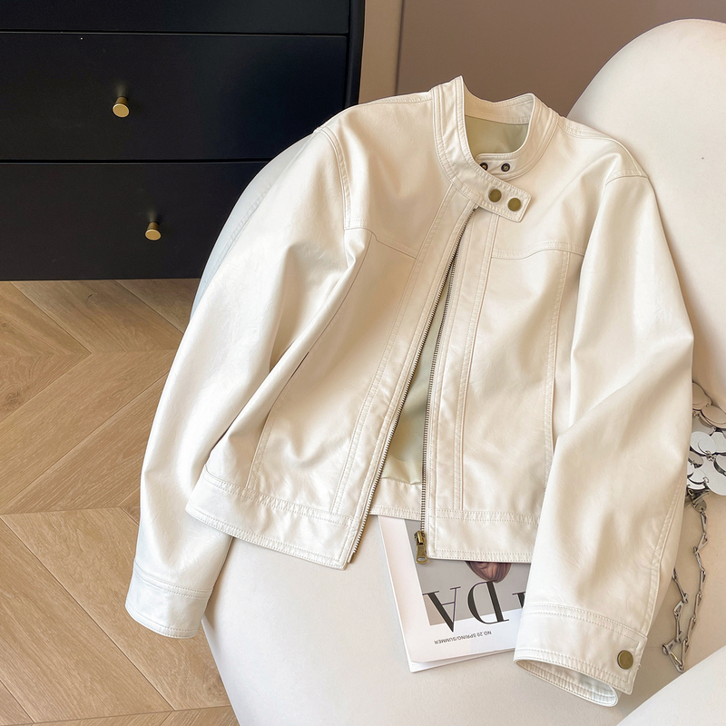 Xiao C's Stand-Up Collar Leather Jacket for Women, 2026 New Spring Style, Cool and Stylish, High-End Feel, Petite Biker Leather Jacket