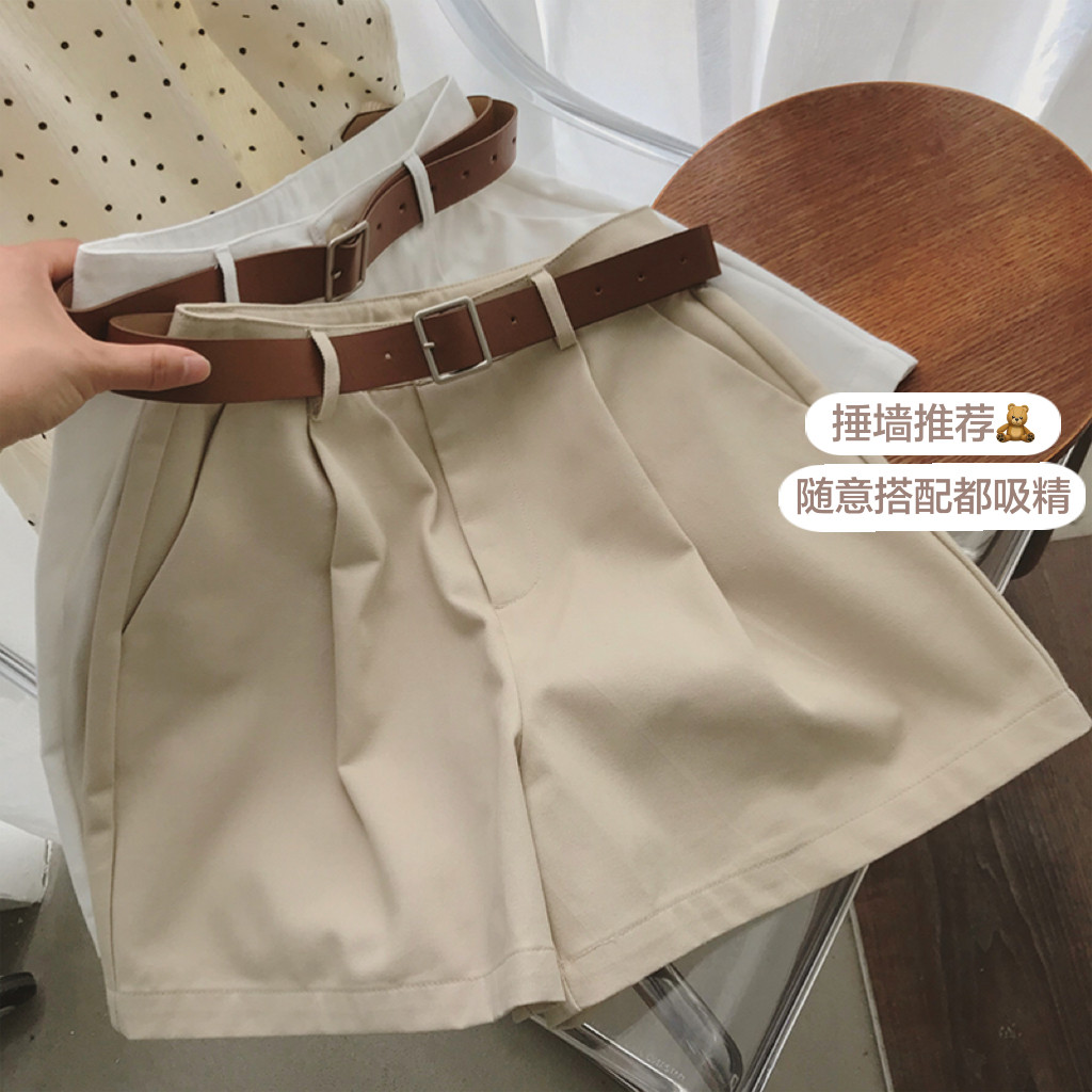 Khaki shorts women's summer loose and thin tooling high waist wide leg pants pure cotton white casual pants hot pants