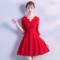 2020 spring and autumn wedding dress Bride toast dress small red lace dress slim slim short section