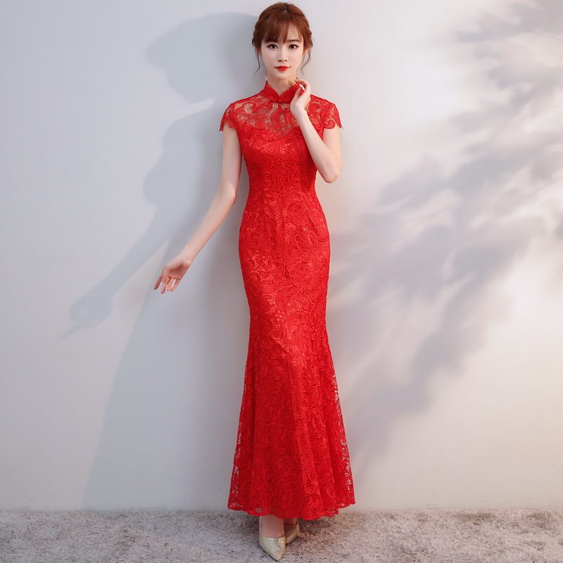 2021 Summer new bridal toast qipao Lace Tail Qipao Dress Long Version Wedding Gown Evening Dress Red