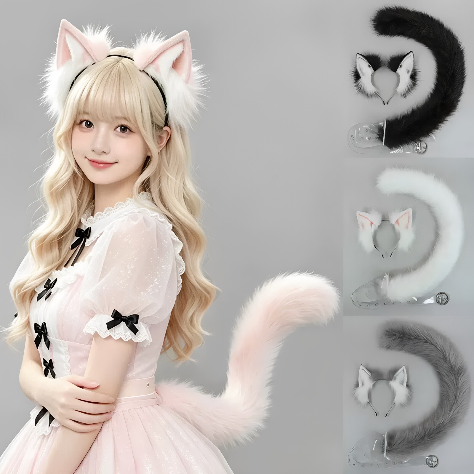 Cosplay sweet cat ear headband, plush cat tail, handmade textured cat girl realistic animal ear headdress, animal tail