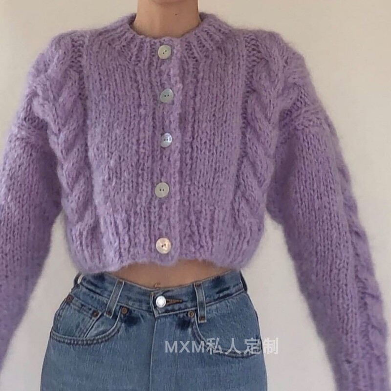 2025 New Zealand Winter Clothing ins High-Waisted Mohair Cable Knit Cardigan Handmade Knit Sweater Coat for Women