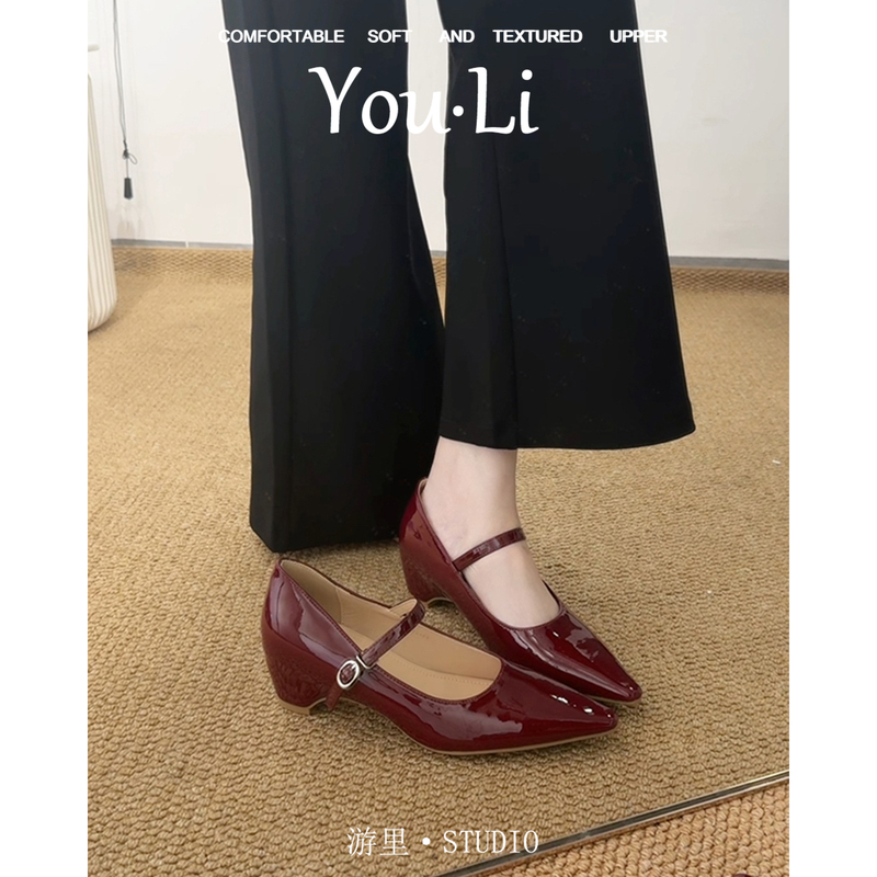 French-Style Red Patent Leather Pointed-Toe Mary Jane Shoes for Women with Hidden Height Increase and Single Strap, Elegant and Mature Style