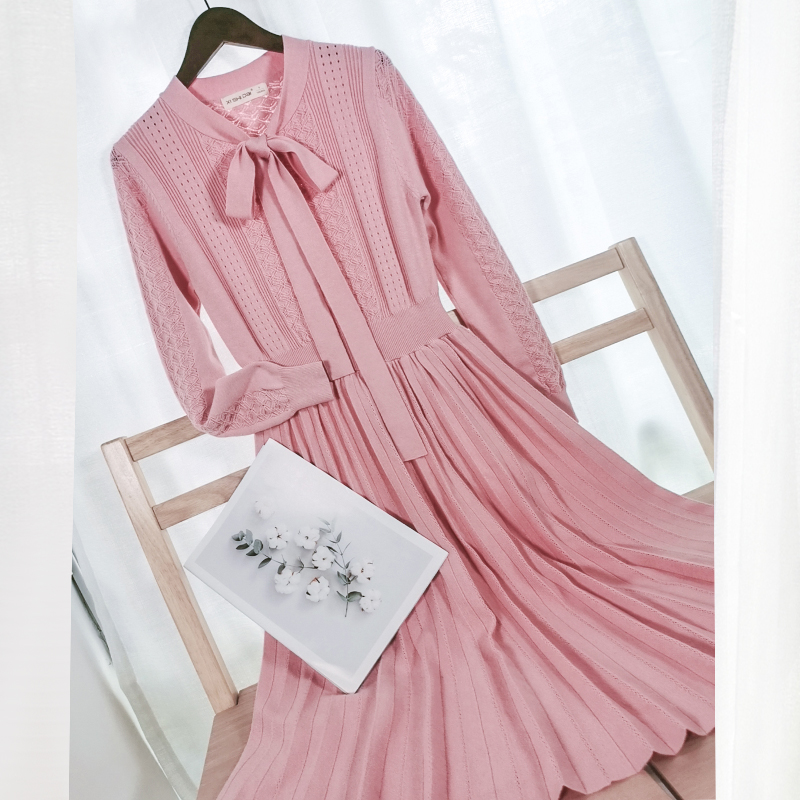Pink Sweater Dress women's medium long version 2022 New spring Warm-up Warm Beating Bottom Knit Skirt Over Knee