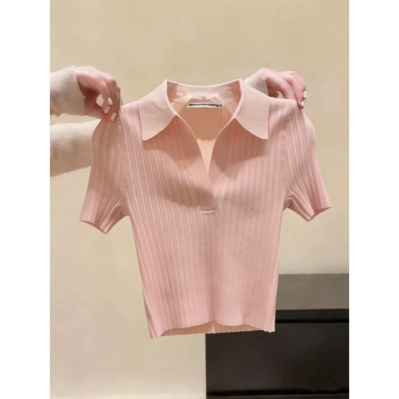 2026 Summer New Style Pink Ice Silk Knitted Short-Sleeve T-Shirt for Women, Super Popular, Age-Reducing, Petite Short Top