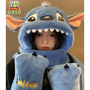 Genuine Disney Stitch hat and scarf for women in winter cute plush thickened warm gloves three-piece set