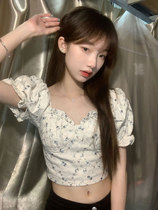 Sweet and spicy style Bubble Cuff Blouse with short section Shoulder Broken Flowers Sweet and Dont Shirt Summer New t-shirt