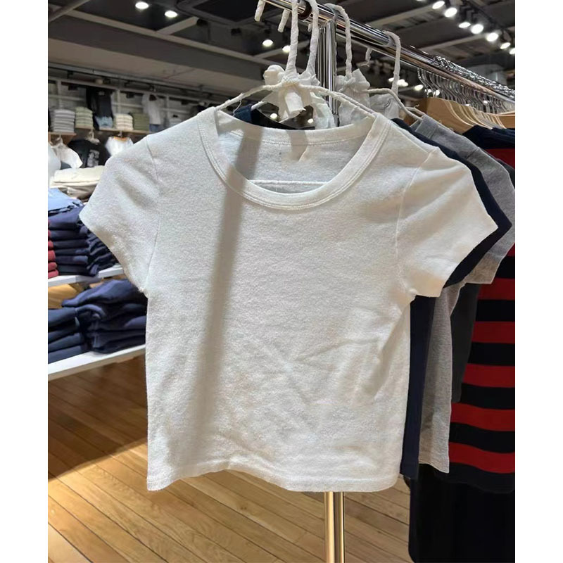 Ootd Bm Women's Summer Multi-Color Basic Cotton Short Crop Top with Wide Edge Round Neck Short-Sleeve T-Shirt Women's Top