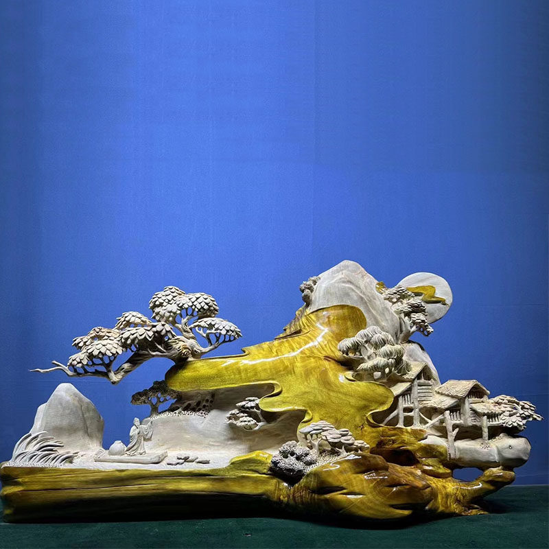 Golden silk nanmu landscape ornaments boutique wood carving root carving large ornaments craft gifts ornaments living room porch decoration gifts