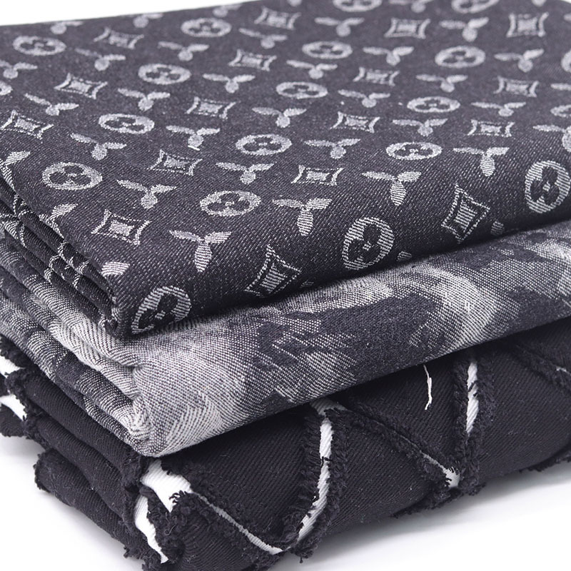 Black Jacquard Washed Denim Fabric Clothing Material for Handmade DIY Clothes, Jackets, Pants, and Bags