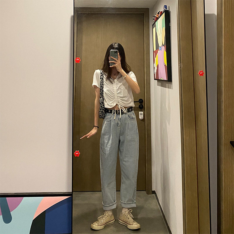 Seven4lee Xiaohong design sense white drawstring V-neck top women's summer short bm high waist navel short-sleeved T-shirt