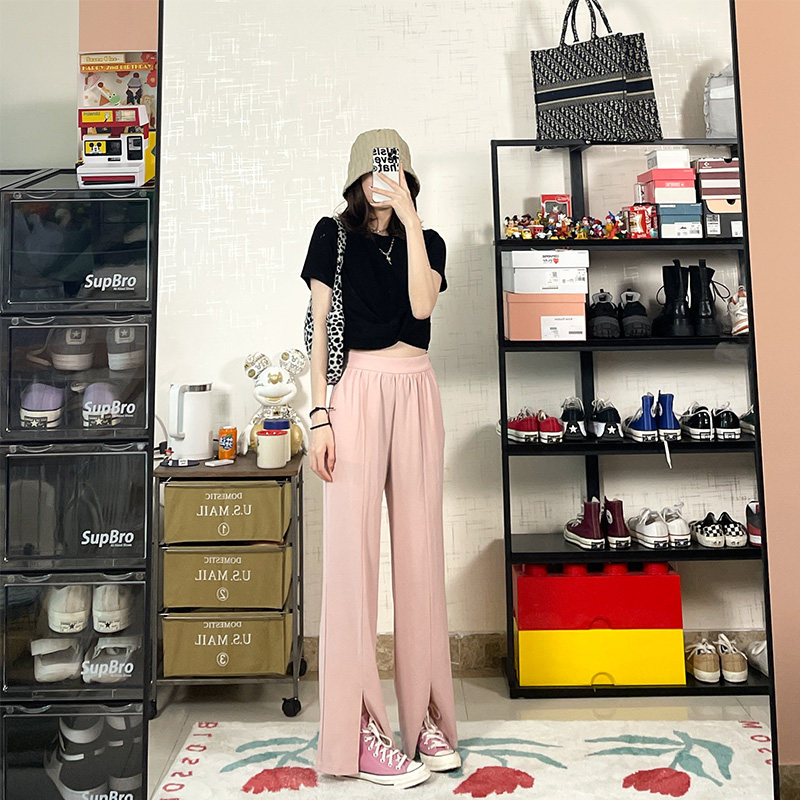 Seven4lee Little Red Front Slit Trousers Women's High Waist Straight Drape Mopping Pants Trousers