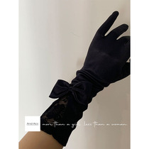 And Acc black satin lace stitching bow long five-finger gloves niche dark photo props for women