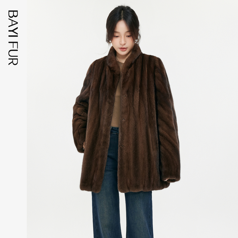 Baiyi Zhaoxue Mink Imported Velvet Mink Full Fur Vintage Stand Collar Mink Fur Coat Mid-Length Mink Coat Baiyi Zhaoxue Mink Imported Velvet Mink Full Fur Vintage Stand Collar Mink Fur Coat Mid-Length Mink Coat