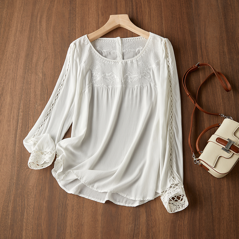 Factory Clearance~ Heavy-Duty Placket with Embroidered Sleeves and Hollow Design, Short in Front and Long in Back, Arc-Shaped Hem, Long-Sleeved Shirt for Women