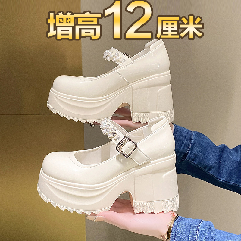 Height-Increasing Wedding Shoes 12cm Mary Jane High Heels for Women, Thick-Soled Chunky Heels, Waterproof Platform Small Leather Shoes, White Single Shoes